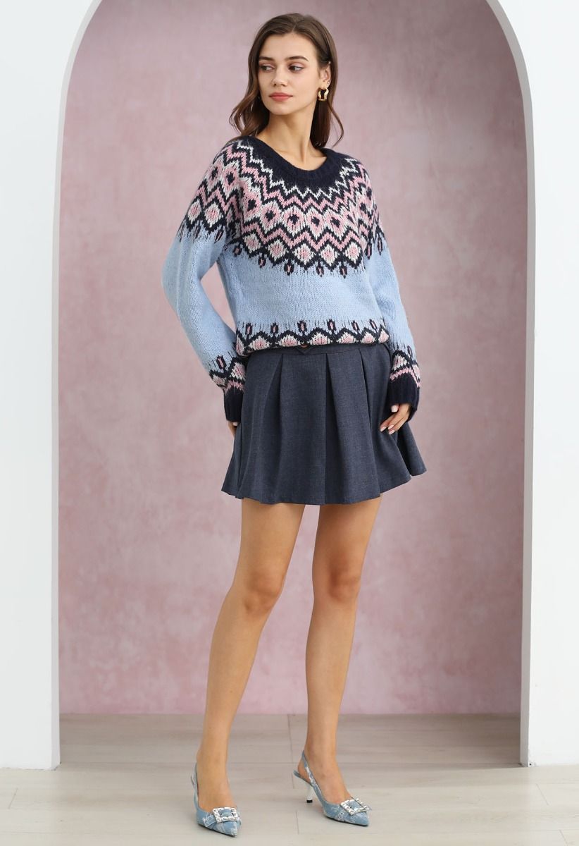 Nordic Charm Fair Isle Knit Sweater in Blue