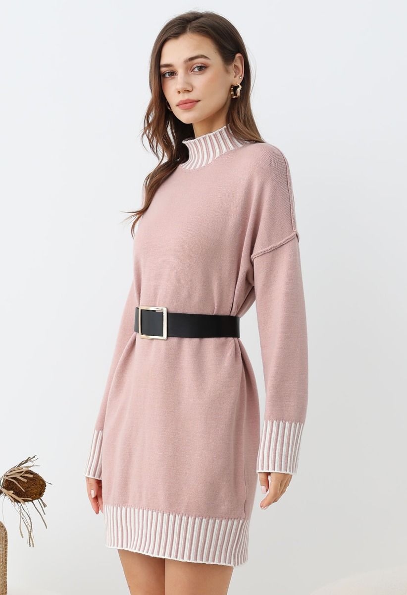 Contrast Stripe Mock Neck Knit Sweater Dress in Dusty Pink