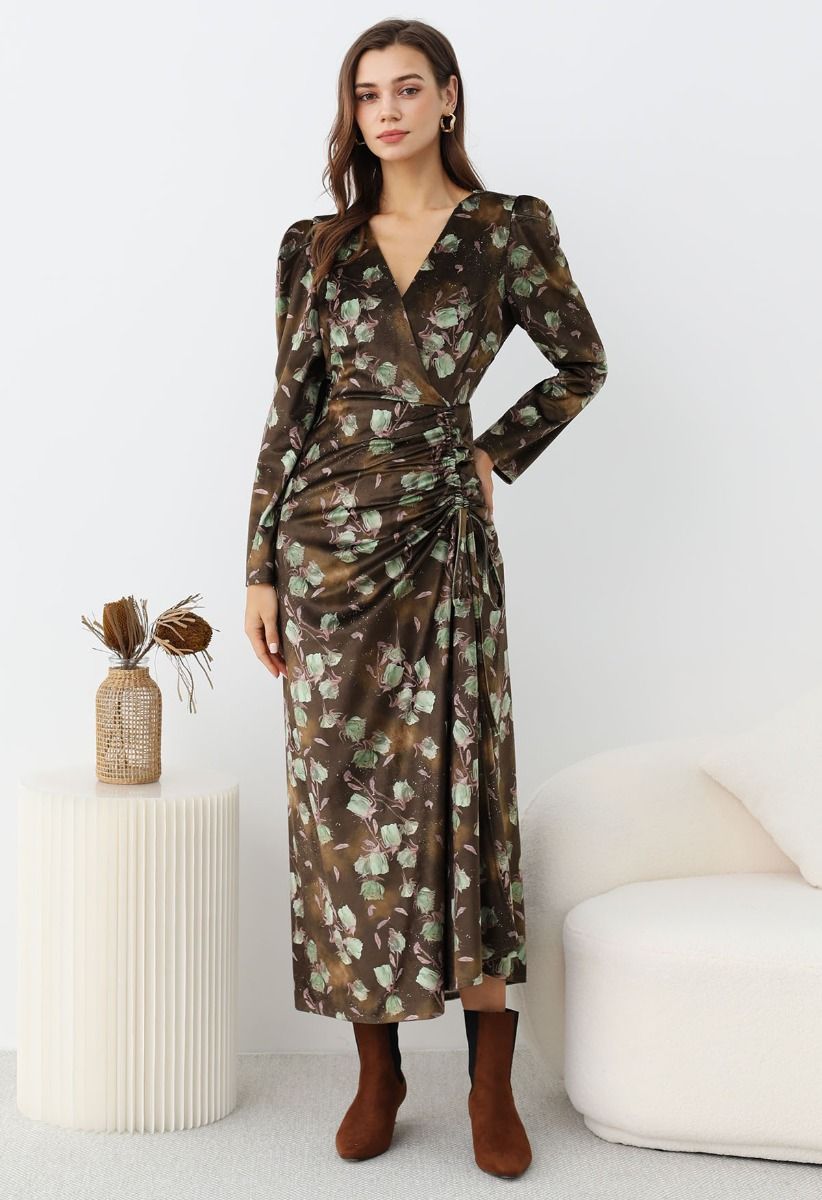 Rosy Elegance Drawstring Wrapped Velvet Maxi Dress in Green