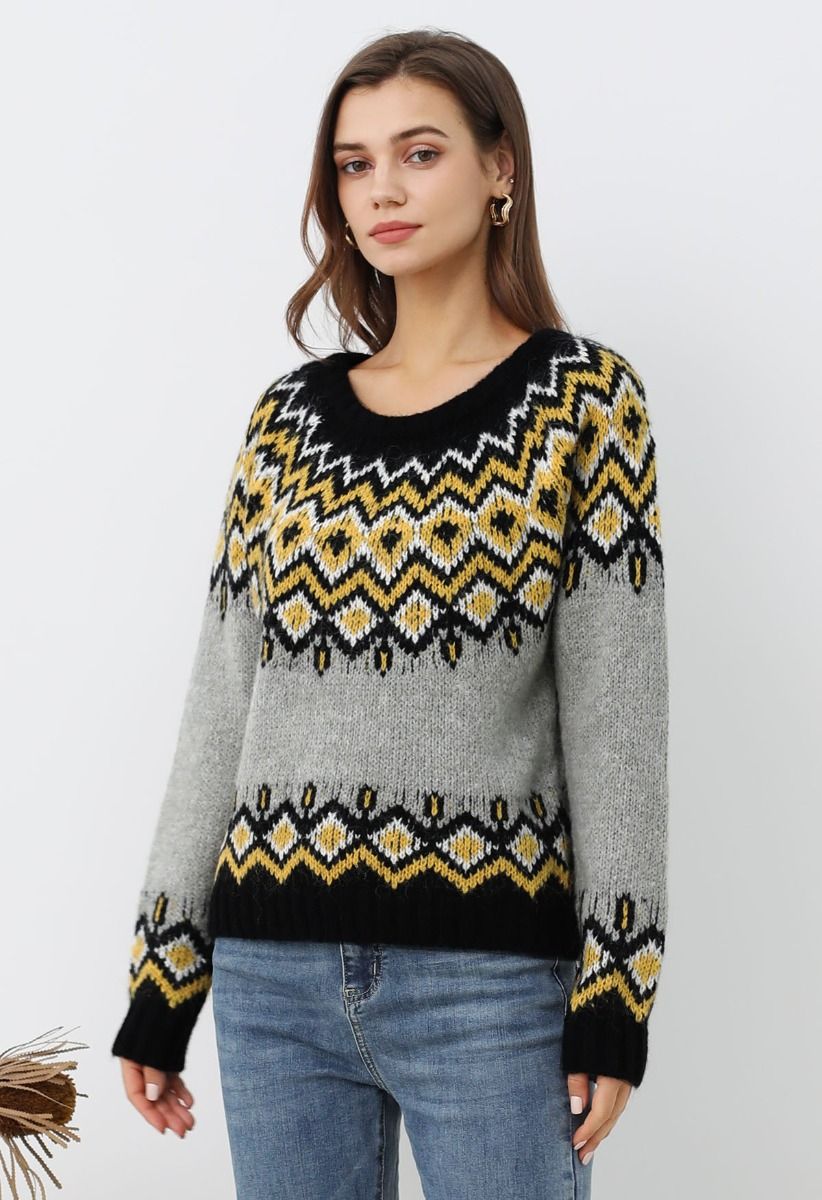 Nordic Charm Fair Isle Knit Sweater in Grey