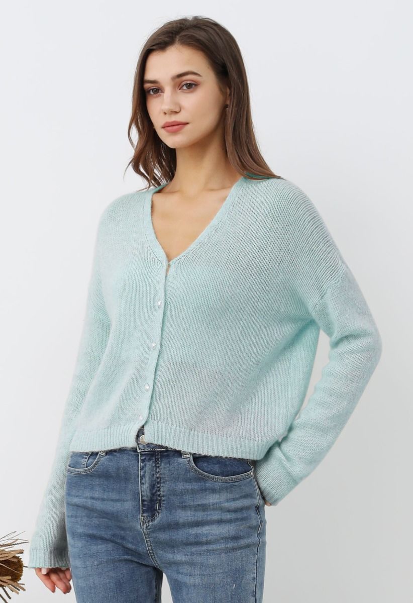 Solid Color Pearly Button Knit Cardigan in Mint