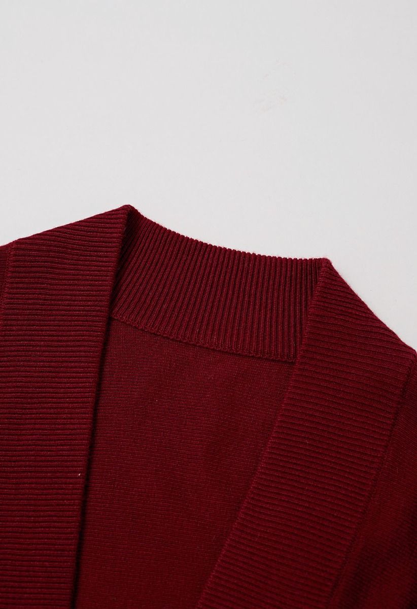 Minimalist Open-Front Ribbed Edge Knit Cardigan in Red