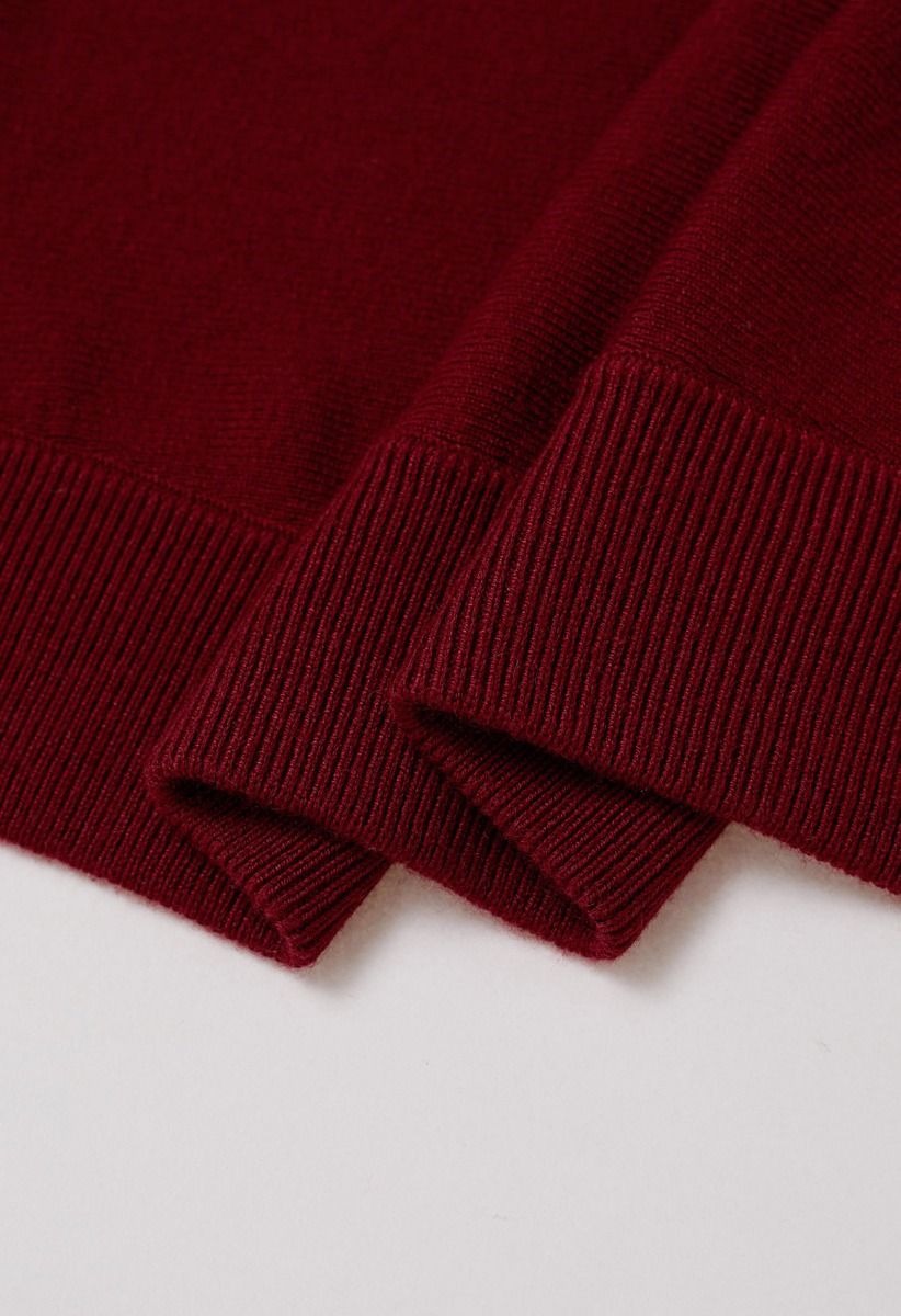 Minimalist Open-Front Ribbed Edge Knit Cardigan in Red