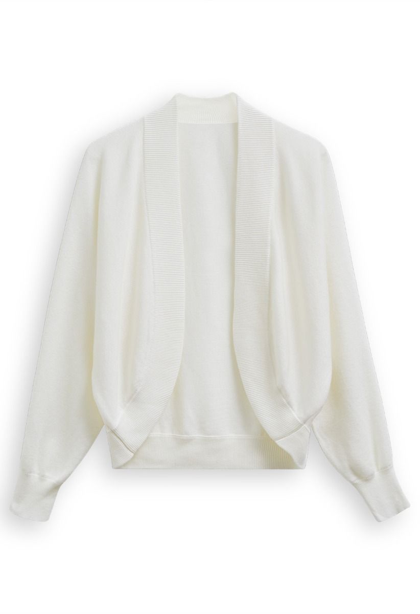 Minimalist Open-Front Ribbed Edge Knit Cardigan in White