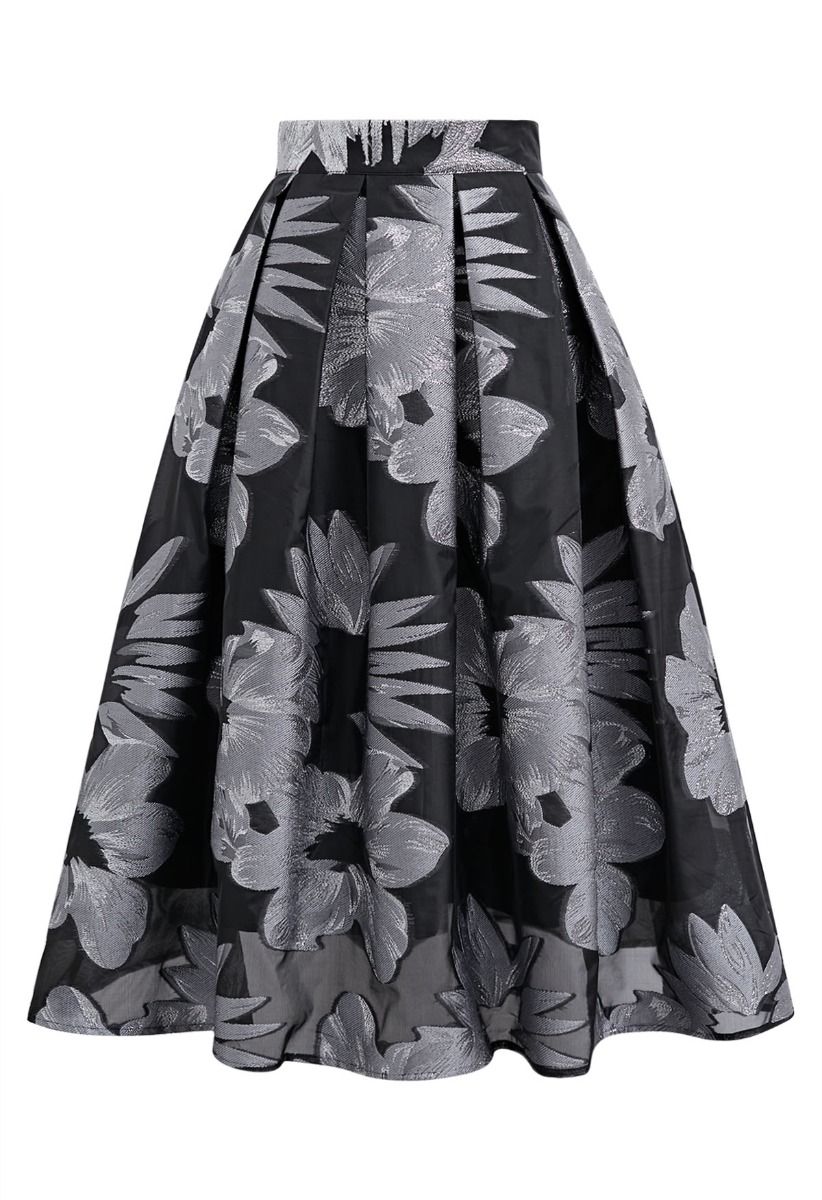 Enticing Floral Jacquard Pleated Organza Midi Skirt in Silver