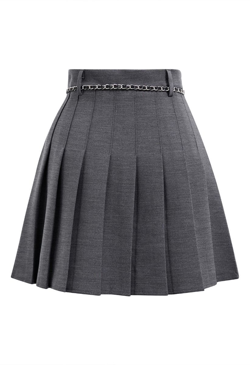 Rose Brooch Chain Belt Pleats Mini Skirt in Smoke