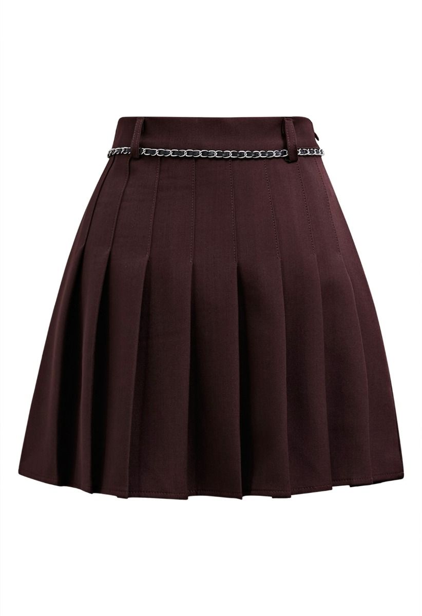 Rose Brooch Chain Belt Pleats Mini Skirt in Burgundy