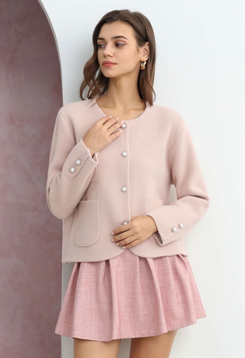 Sweetly Patch Pocket Pearly Button Knit Cardigan in Pink