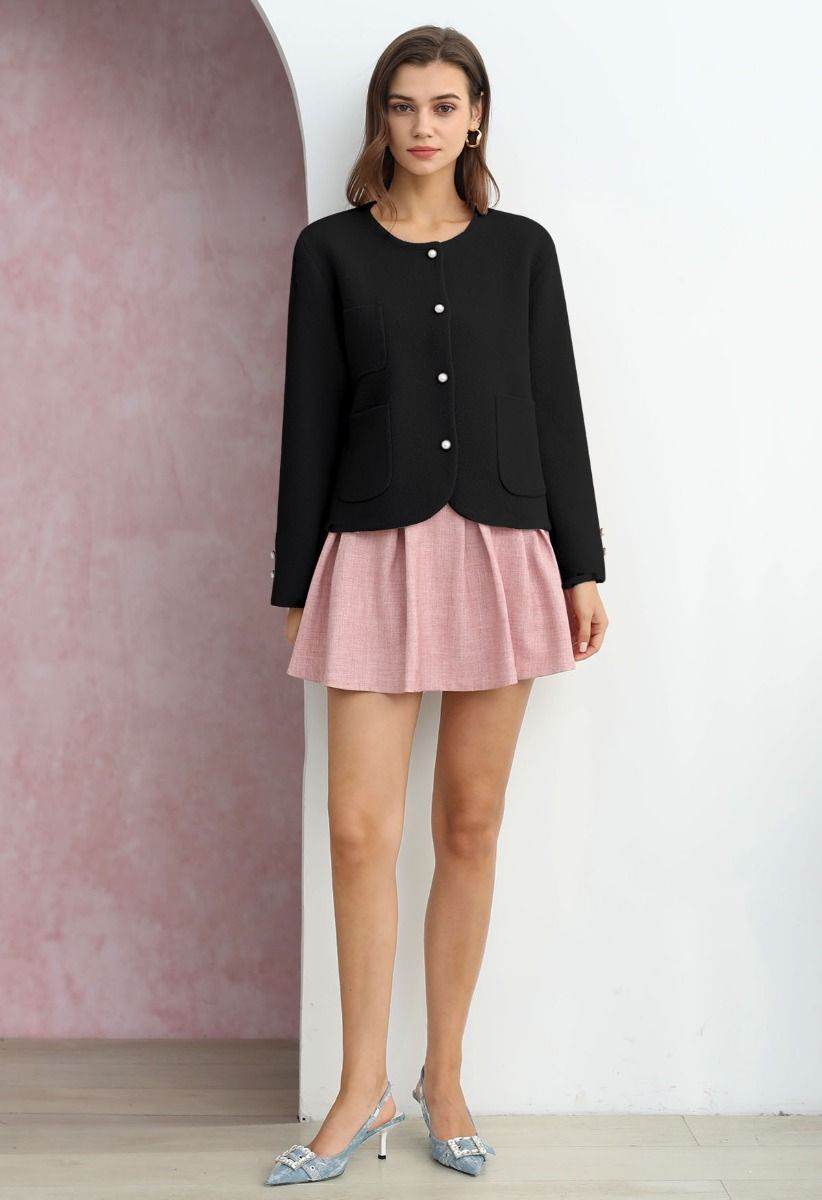 Sweetly Patch Pocket Pearly Button Knit Cardigan in Black