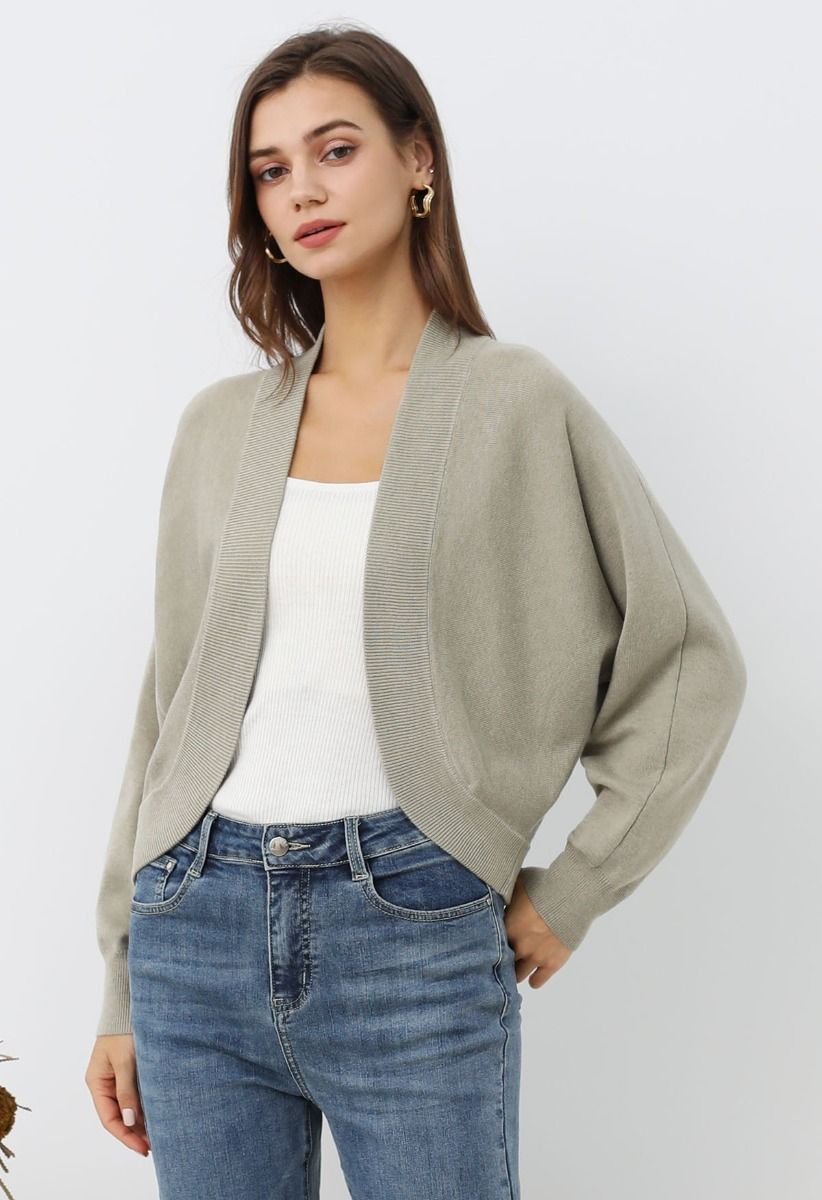 Minimalist Open-Front Ribbed Edge Knit Cardigan in Khaki