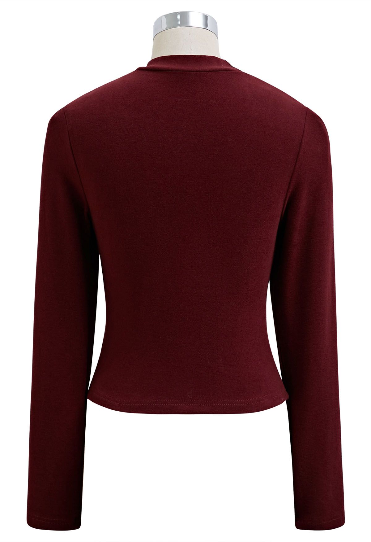 Side Bowknot Neckline Long-Sleeve Top in Burgundy