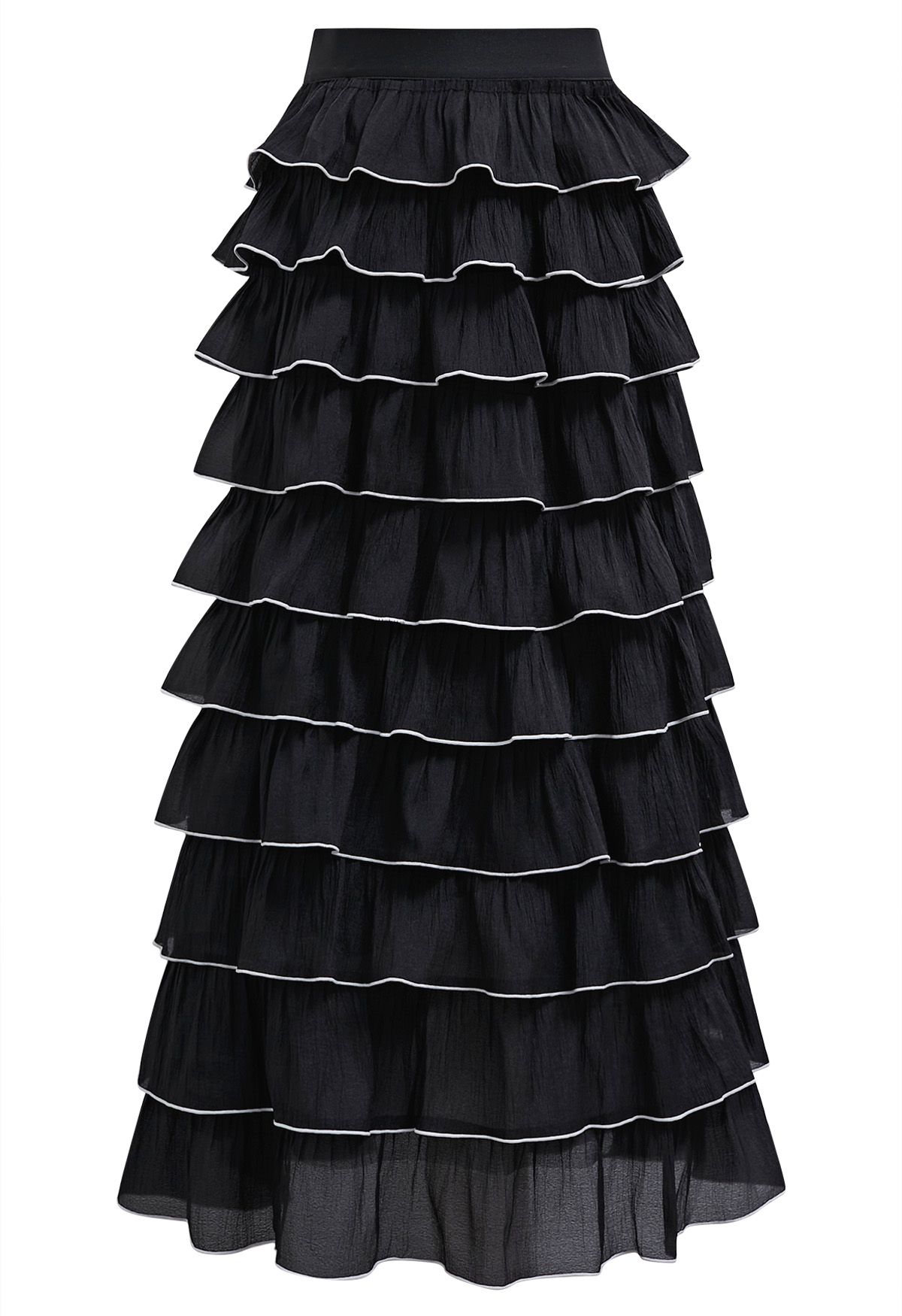 Contrasting Edges Tiered Ruffle Maxi Skirt in Black