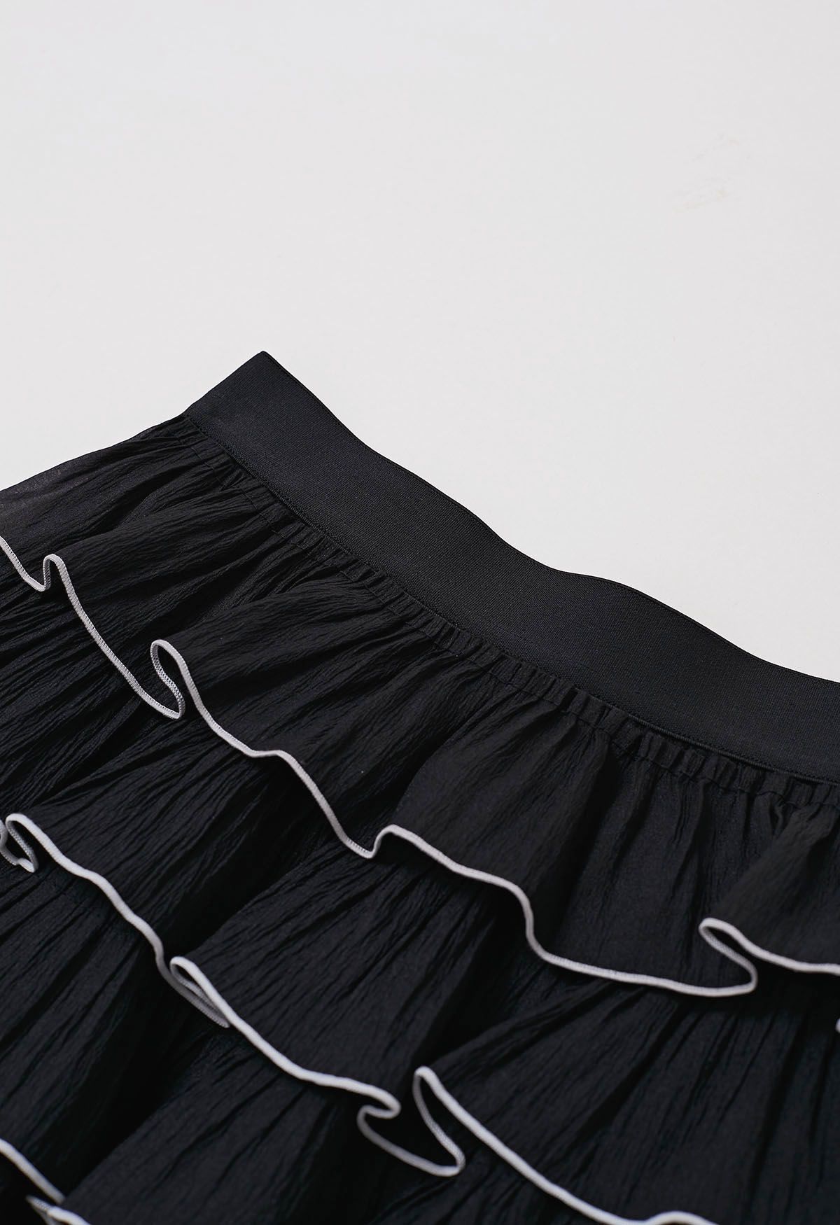 Contrasting Edges Tiered Ruffle Maxi Skirt in Black