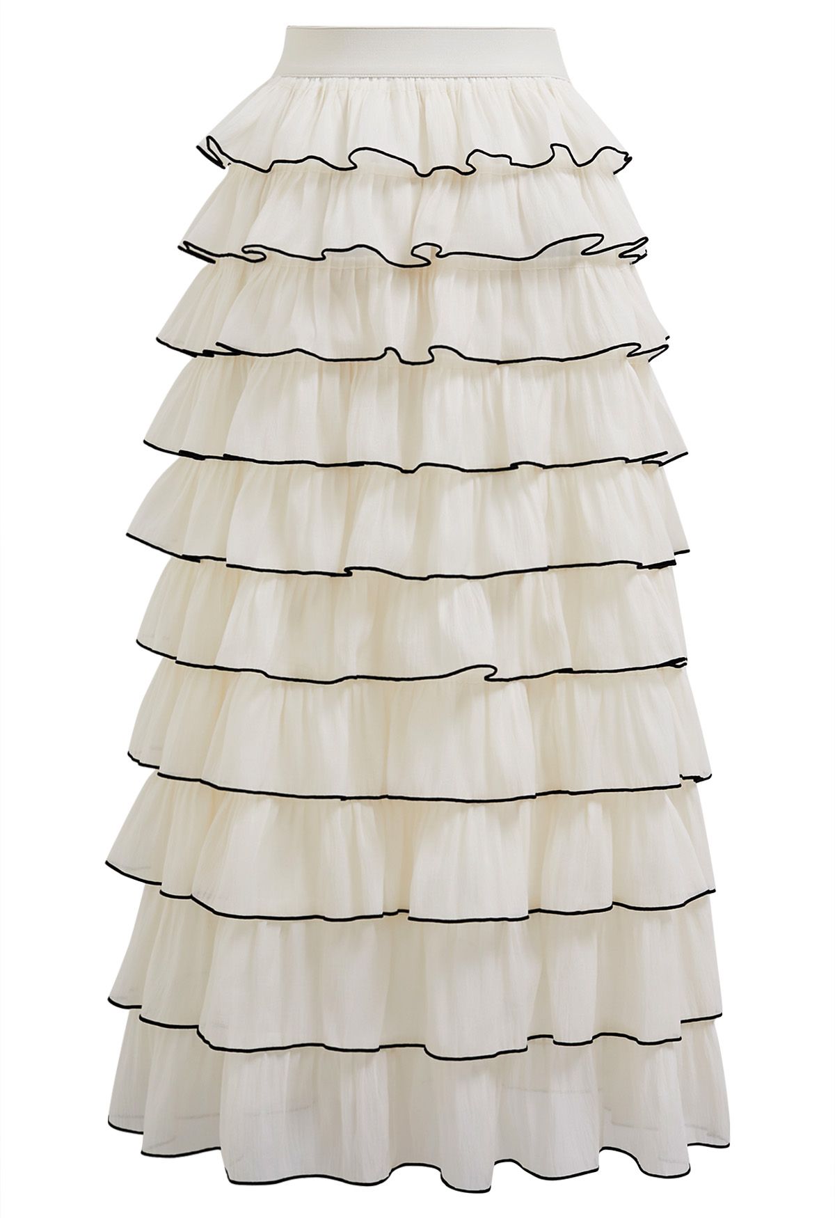 Contrasting Edges Tiered Ruffle Maxi Skirt in Cream