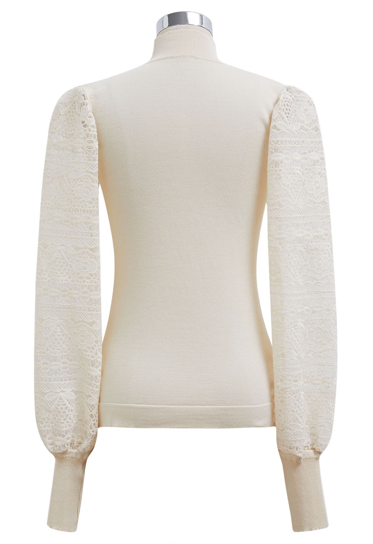 Mock Neck Embroidered Lantern Sleeve Knit Top in Cream