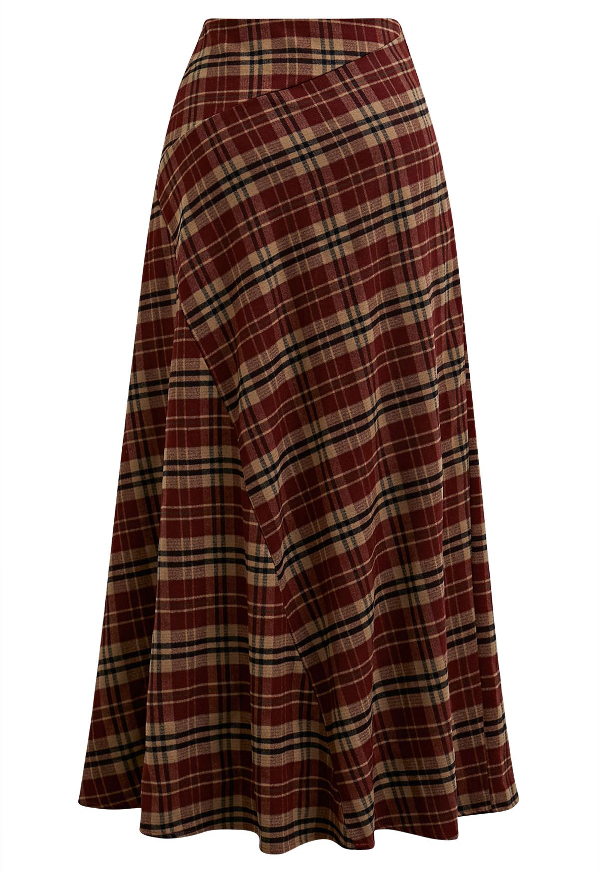 Plaid Lovely Irregular Fake Flap Maxi Skirt in Burgundy