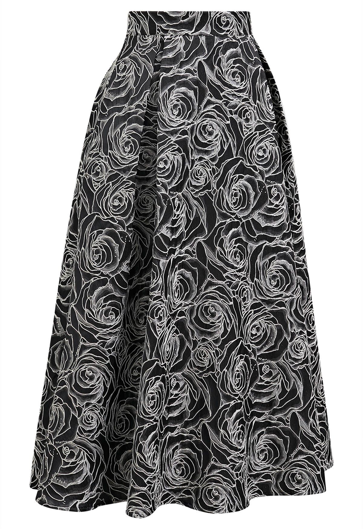 Delicate Roses Jacquard Embossed A-Line Midi Skirt in Black