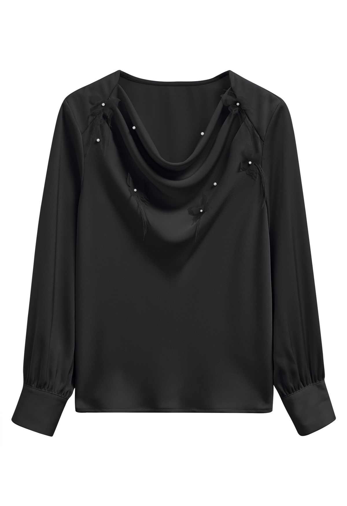 Pearly Butterfly Feather Trim Cowl Neck Top in Black