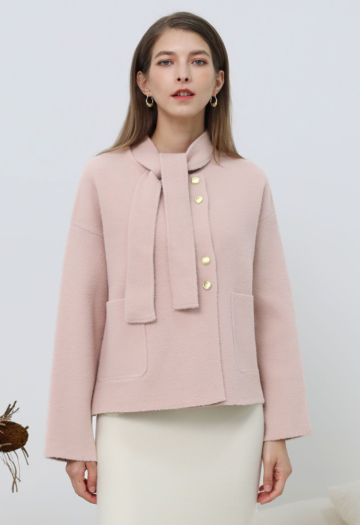 Detachable Tie-Neck Golden Button Knit Coat in Pink