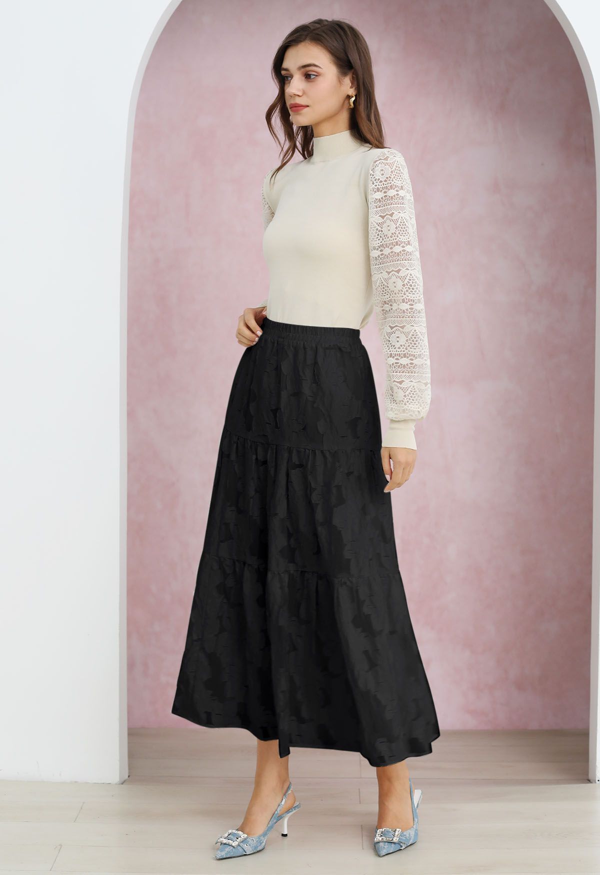 Make Your Day Floral Jacquard Maxi Skirt in Black