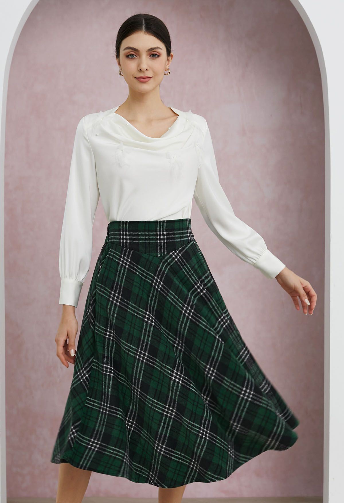 Sophisticated Plaid A Line Midi Skirt in Dark Green