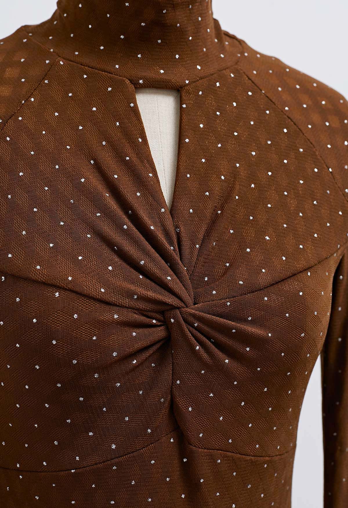 Shimmer Dotted Twist Front Cutout Mock Neck Top in Caramel