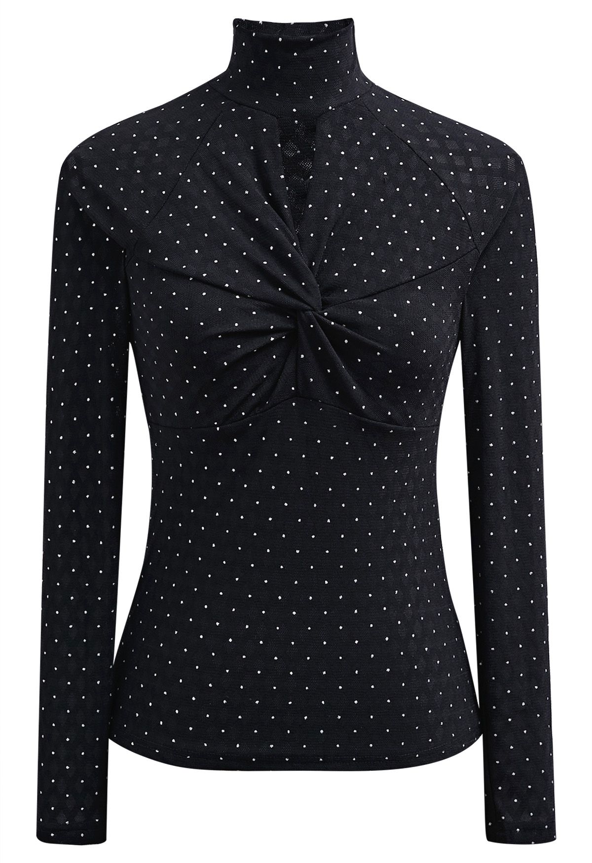 Shimmer Dotted Twist Front Cutout Mock Neck Top in Black