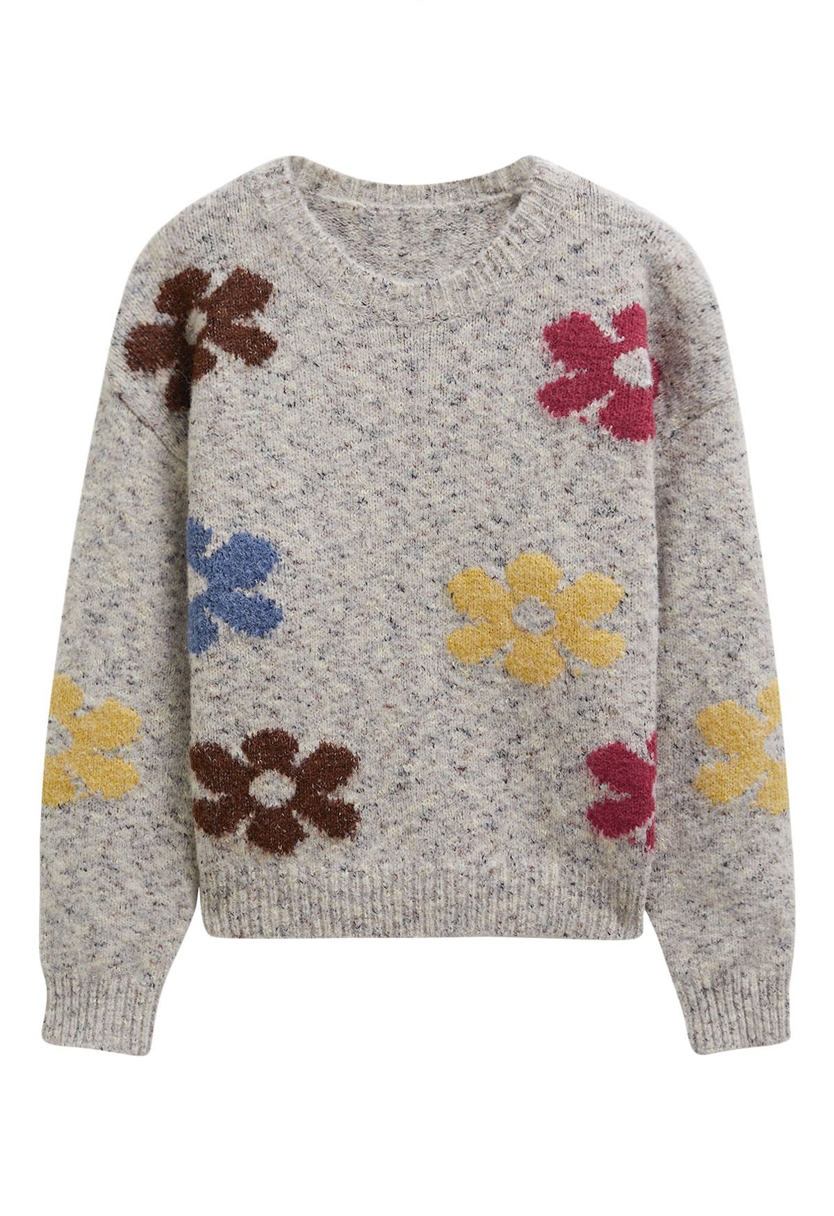 Multicolored Floral Pattern Fuzzy Knit Sweater in Oatmeal