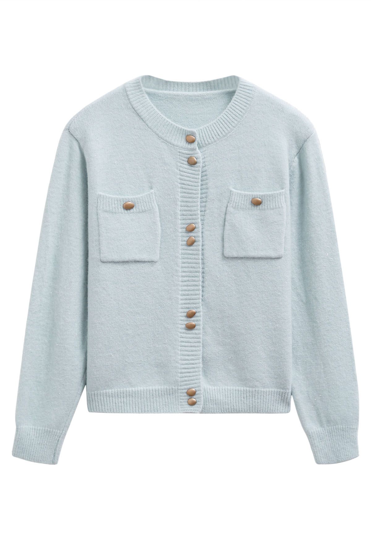 Stylish Button Shimmer Fringe Knit Cardigan in Baby Blue