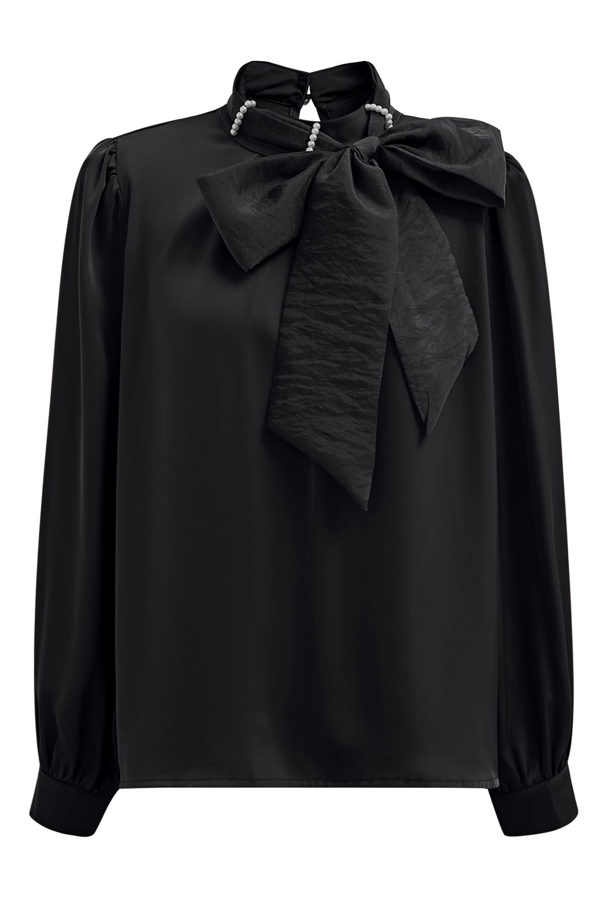 Pearl Neckline Side Bowknot Satin Top in Black