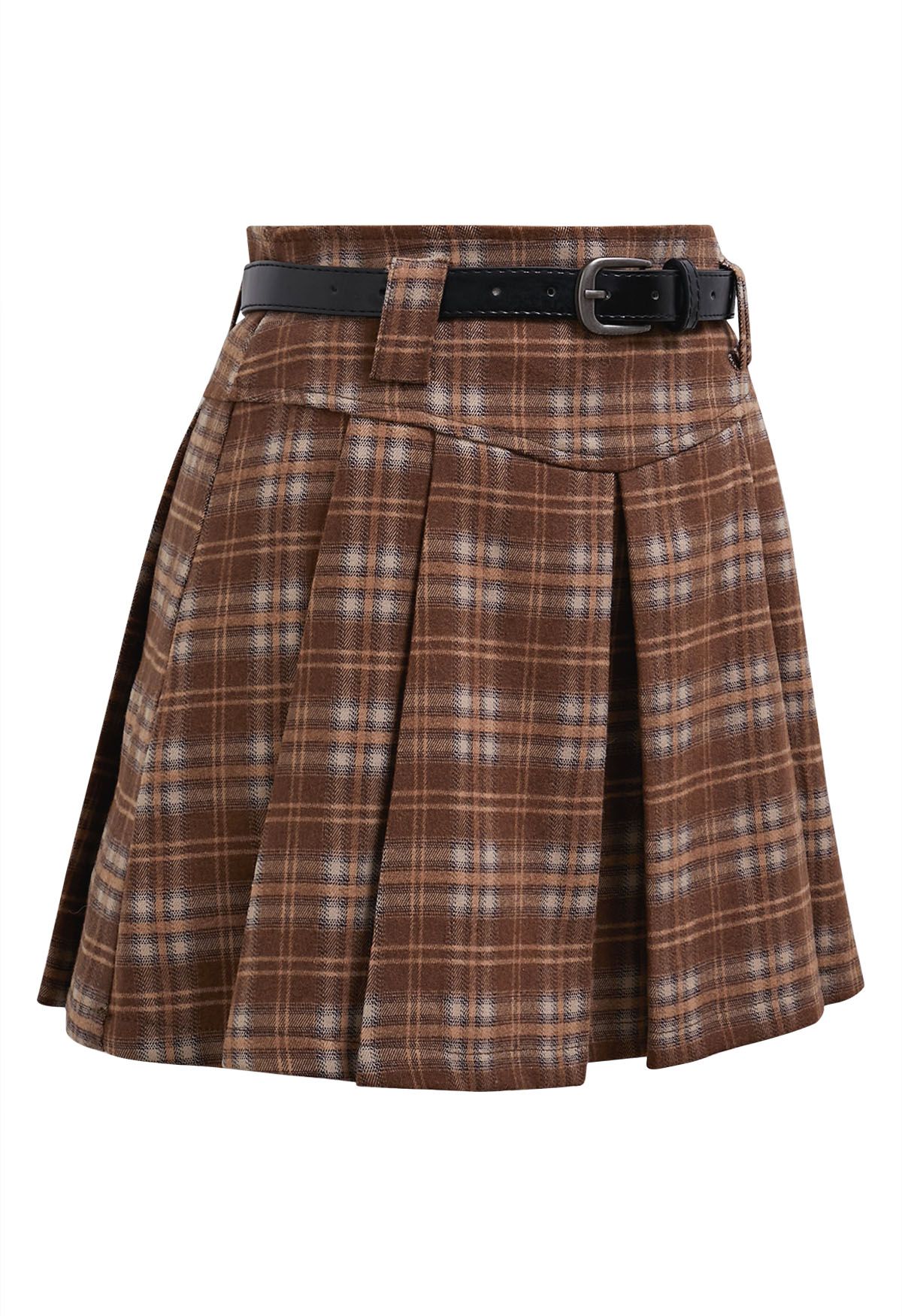 Pretty Plaid Box Pleat Belted Mini Skirt in Rust