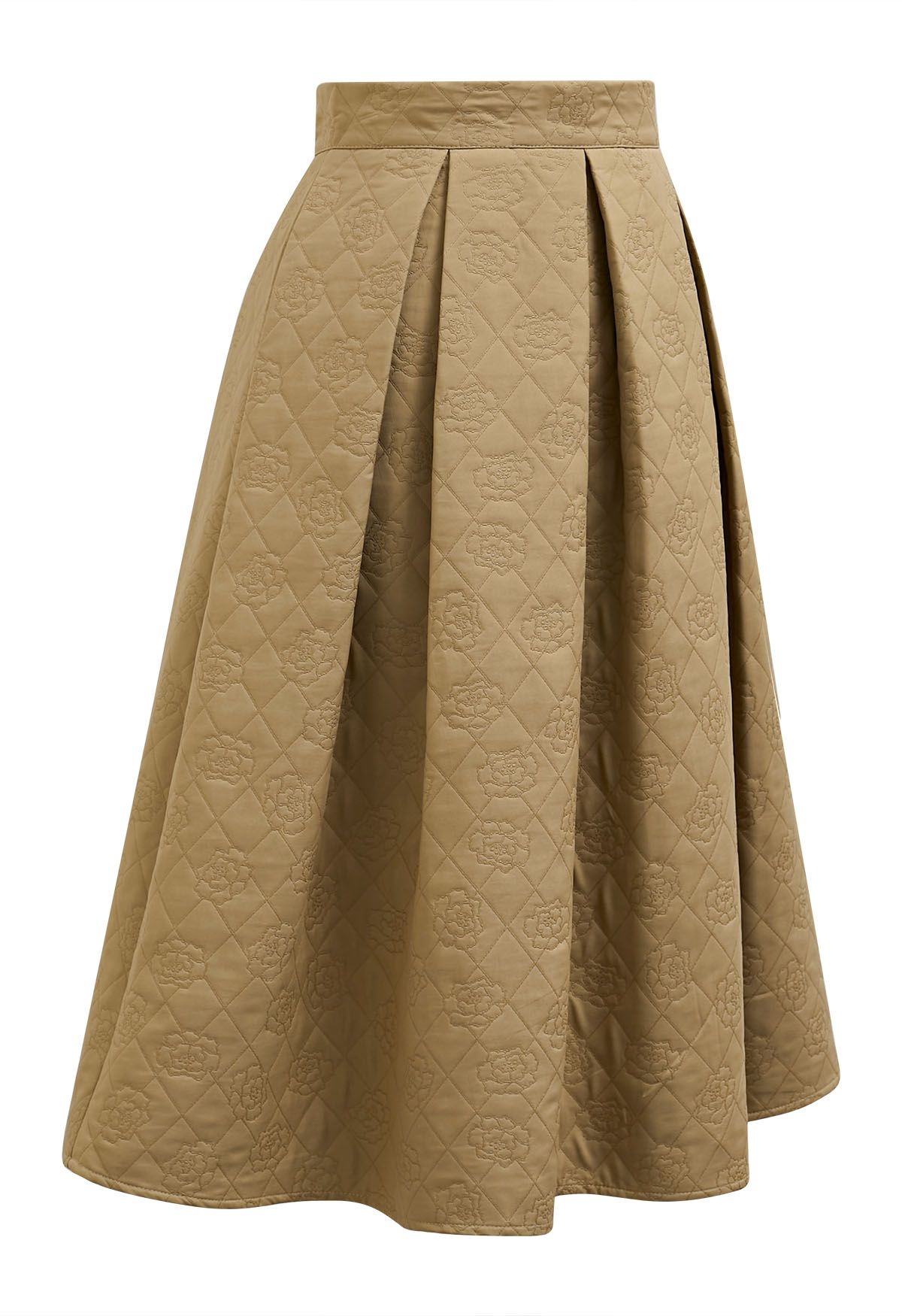 Graceful Silhouette Rose Embossed Pleats Midi Skirt in Gold