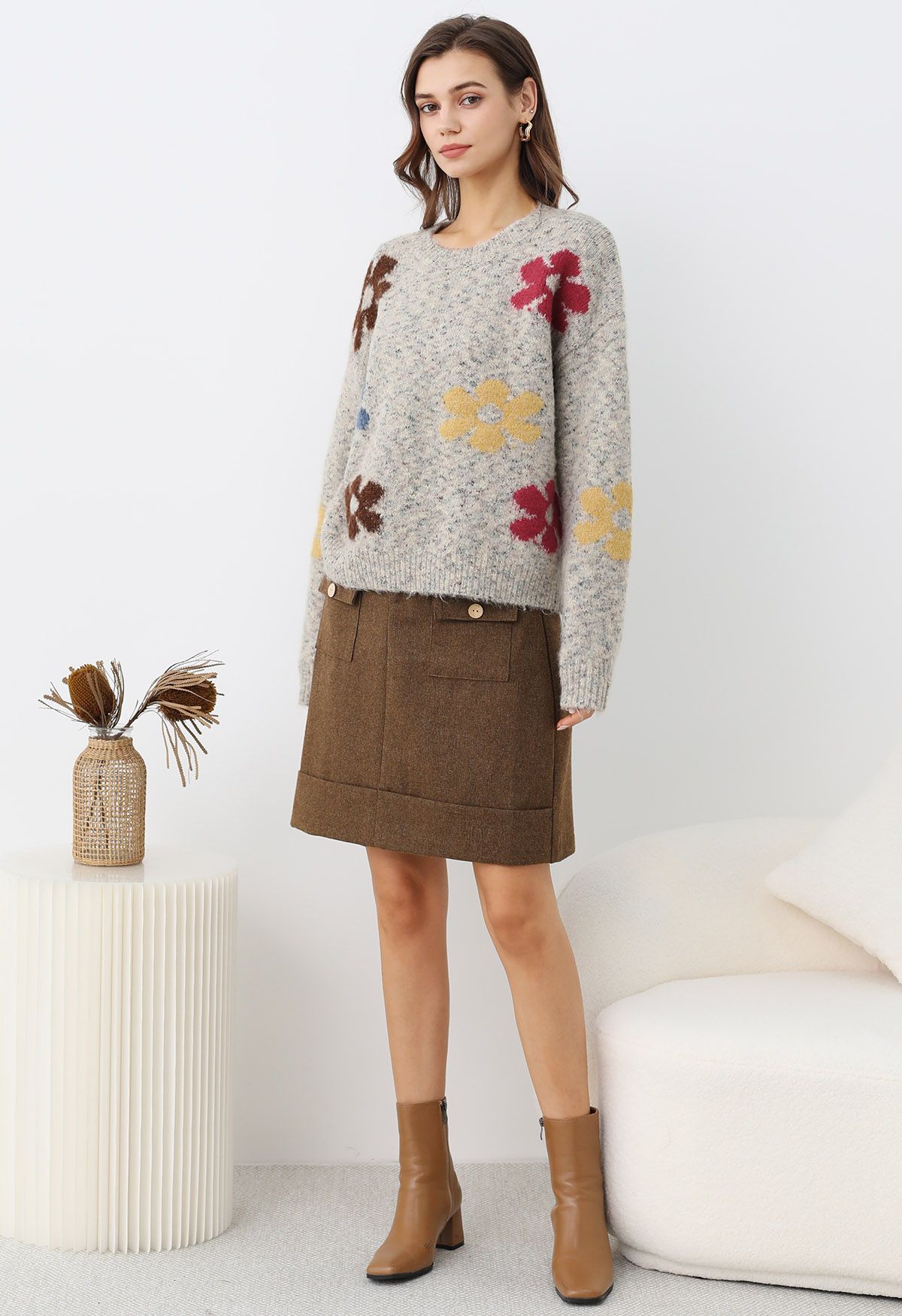 Multicolored Floral Pattern Fuzzy Knit Sweater in Oatmeal