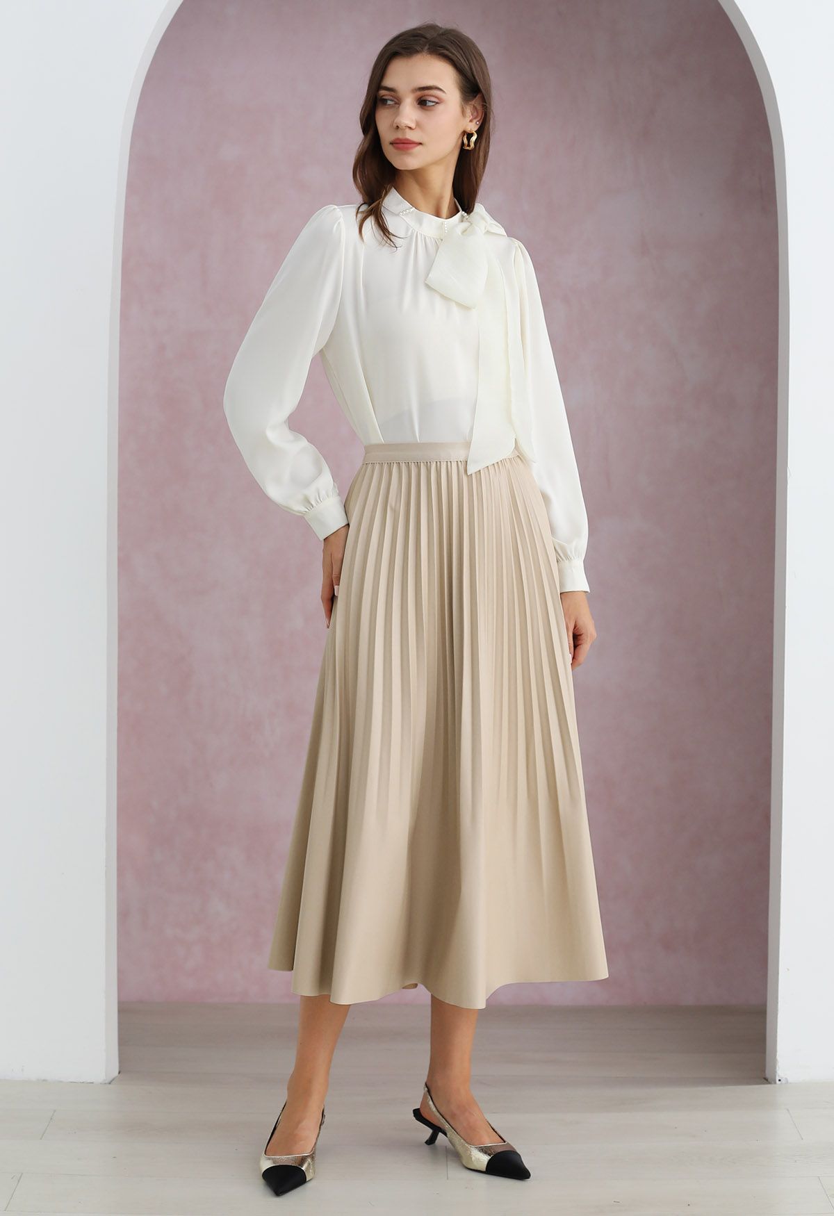 Versatile Faux Leather Pleated Midi Skirt in Sand