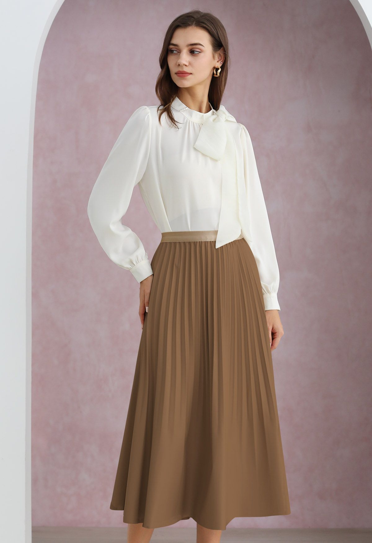 Versatile Faux Leather Pleated Midi Skirt in Brown