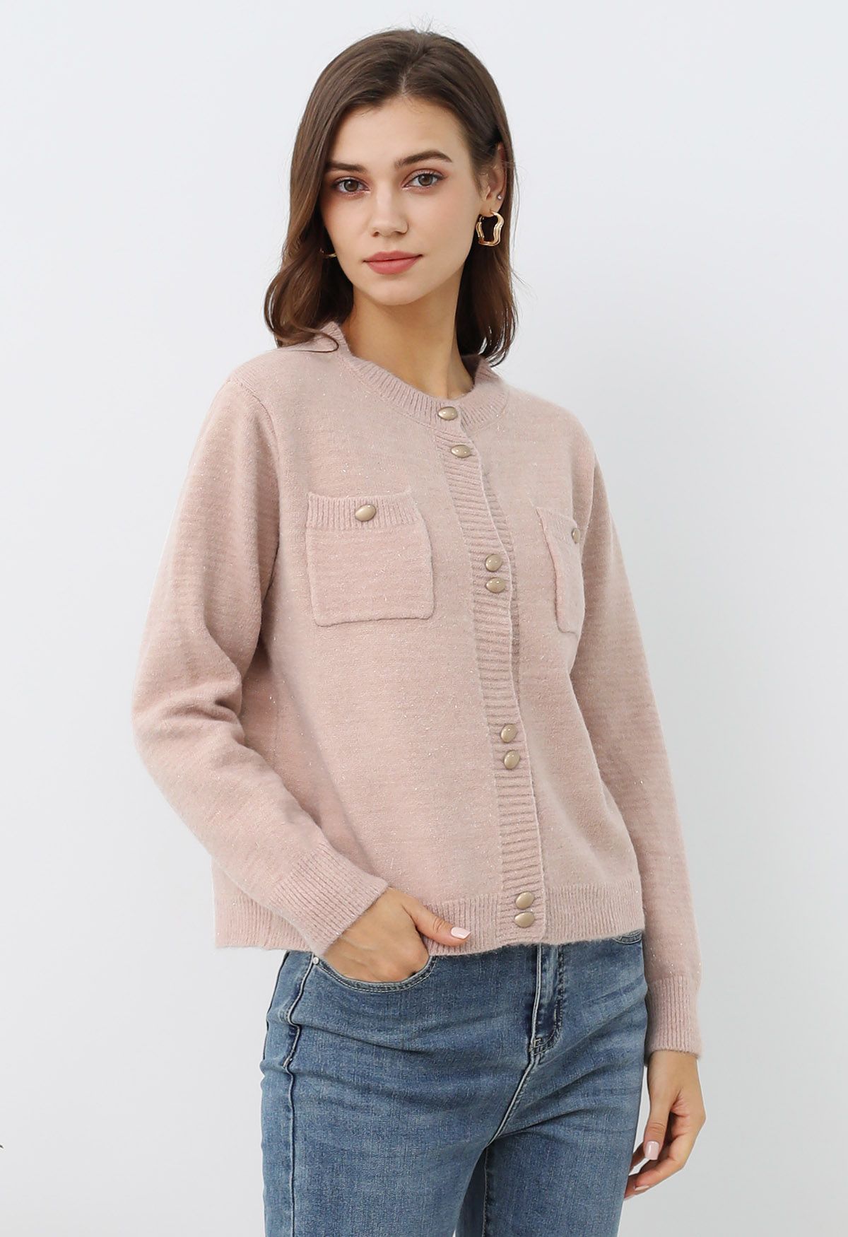 Stylish Button Shimmer Fringe Knit Cardigan in Light Pink