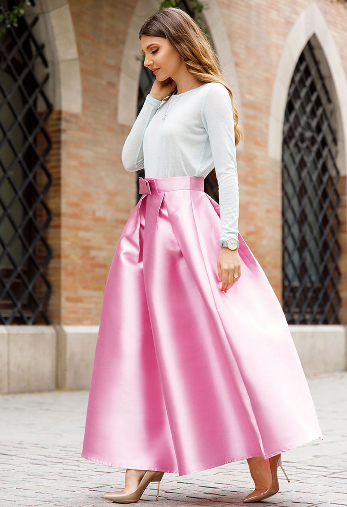 Luxurious Night Bowknot Pleated A-Line Skirt in Pink