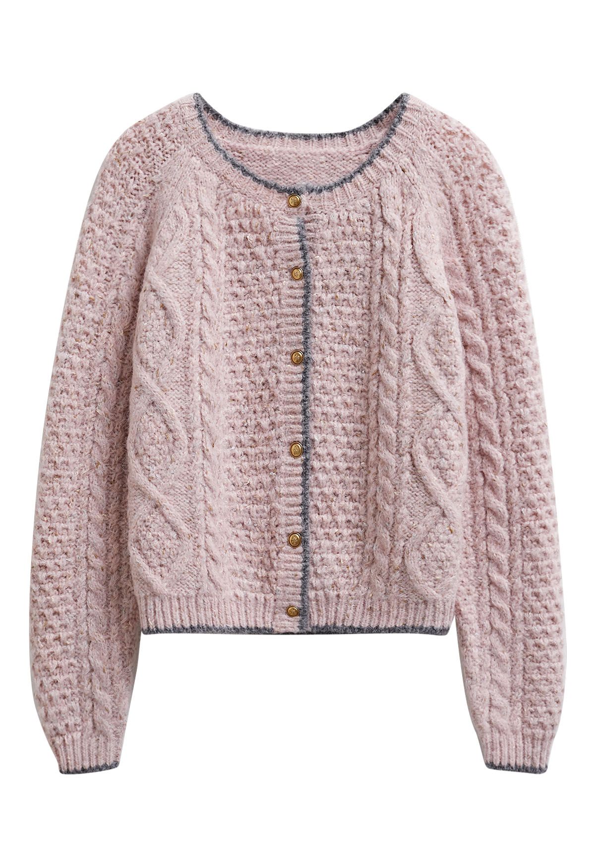 Contrast Edges Braided Knit Buttoned Cardigan in Pink