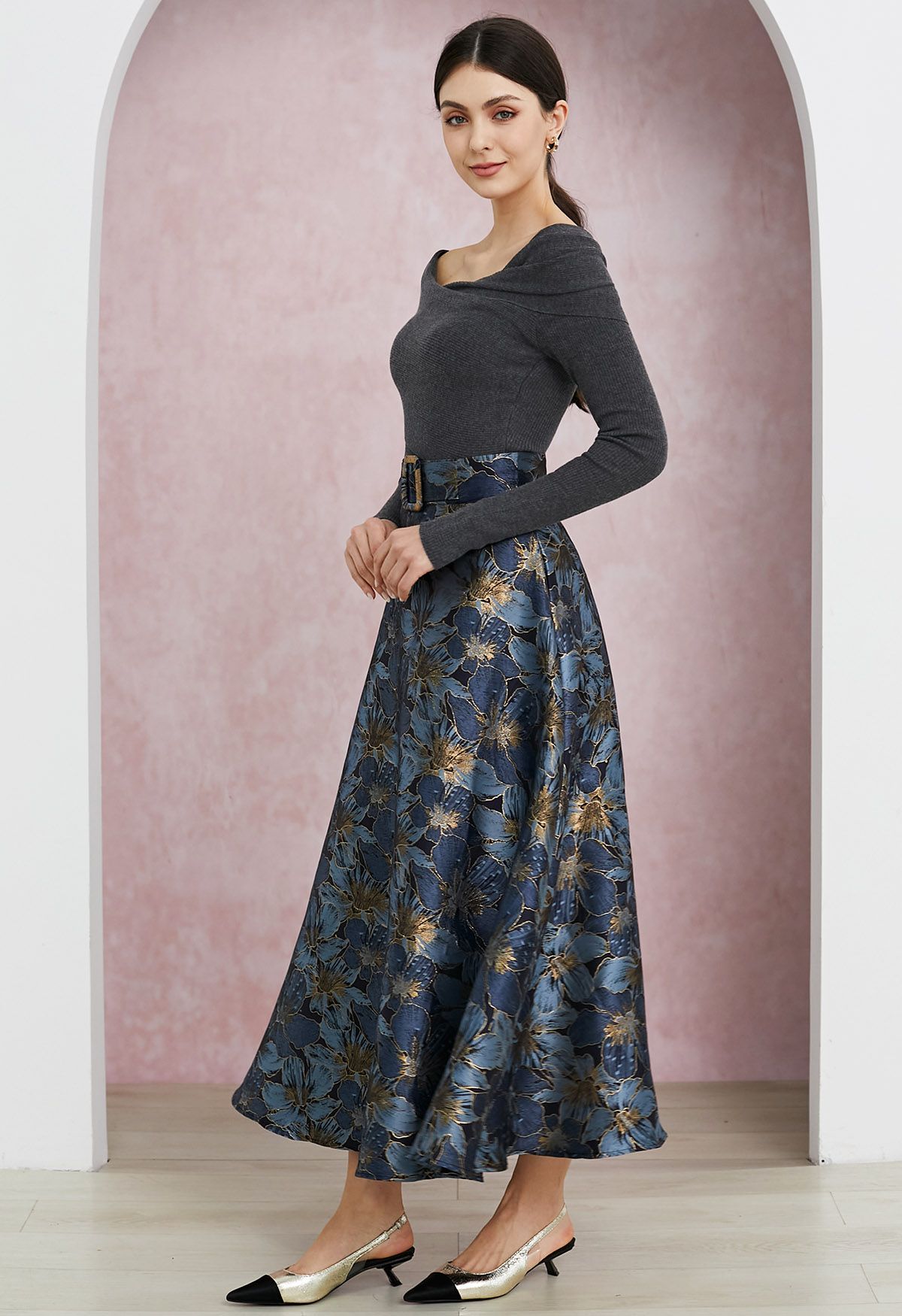 Opulent Bloom Jacquard Belted Flare Maxi Skirt