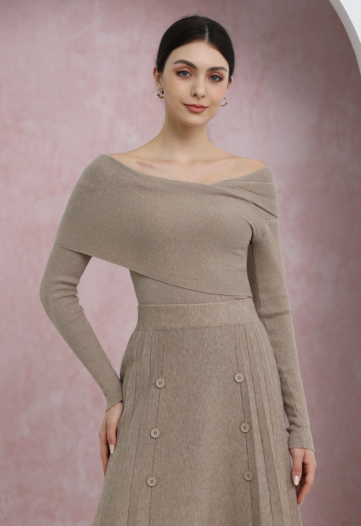 Soft Elegance Off-Shoulder Flap Knit Top in Sand