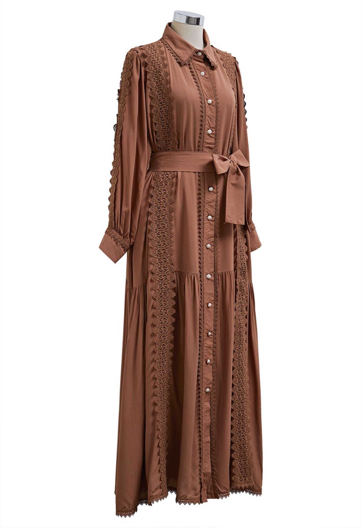 Captivating Lace Tie-Waist Button Down Maxi Dress in Brown