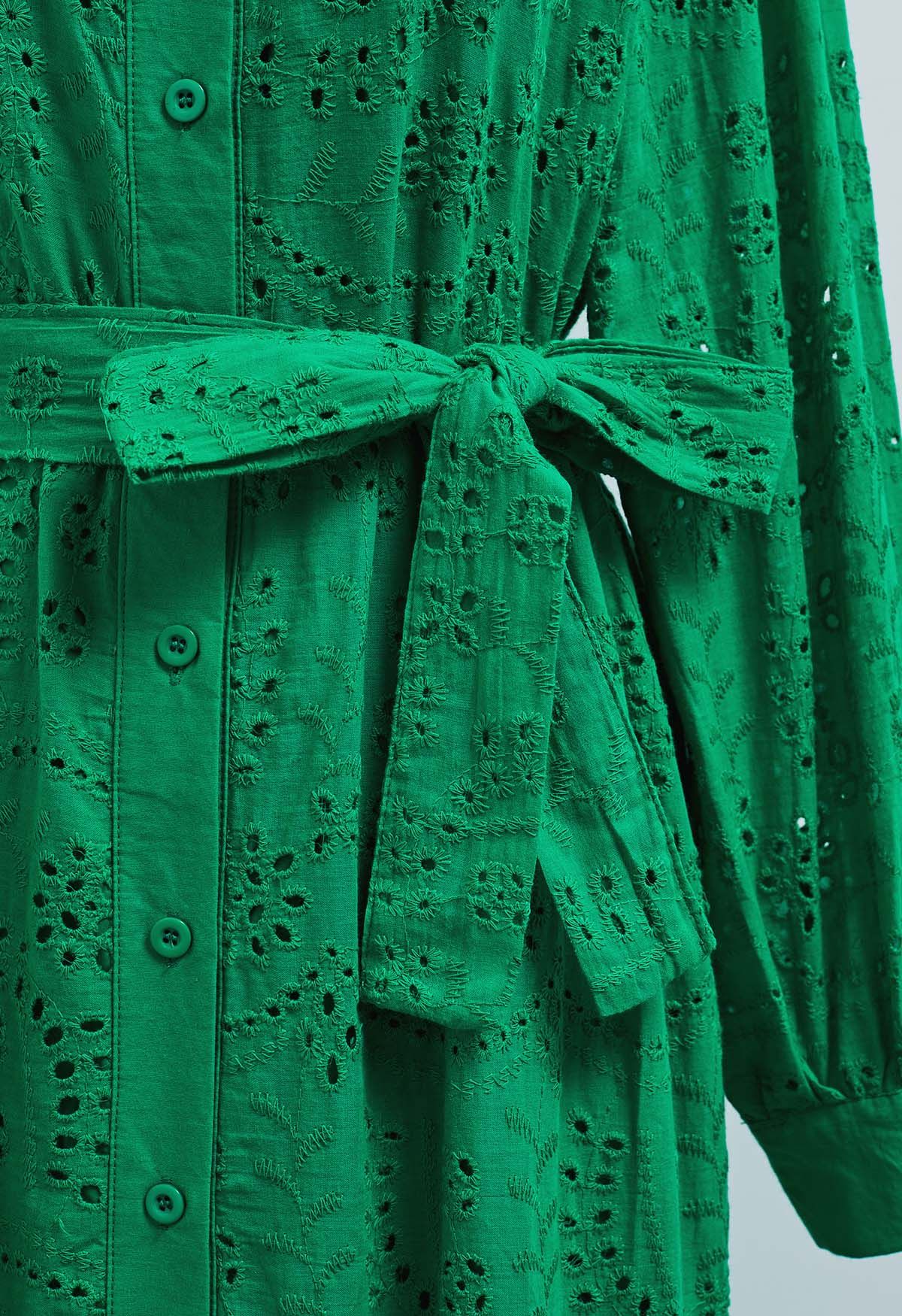 Delicate Eyelet Embroidery Tie-Waist Buttoned Midi Dress in Green