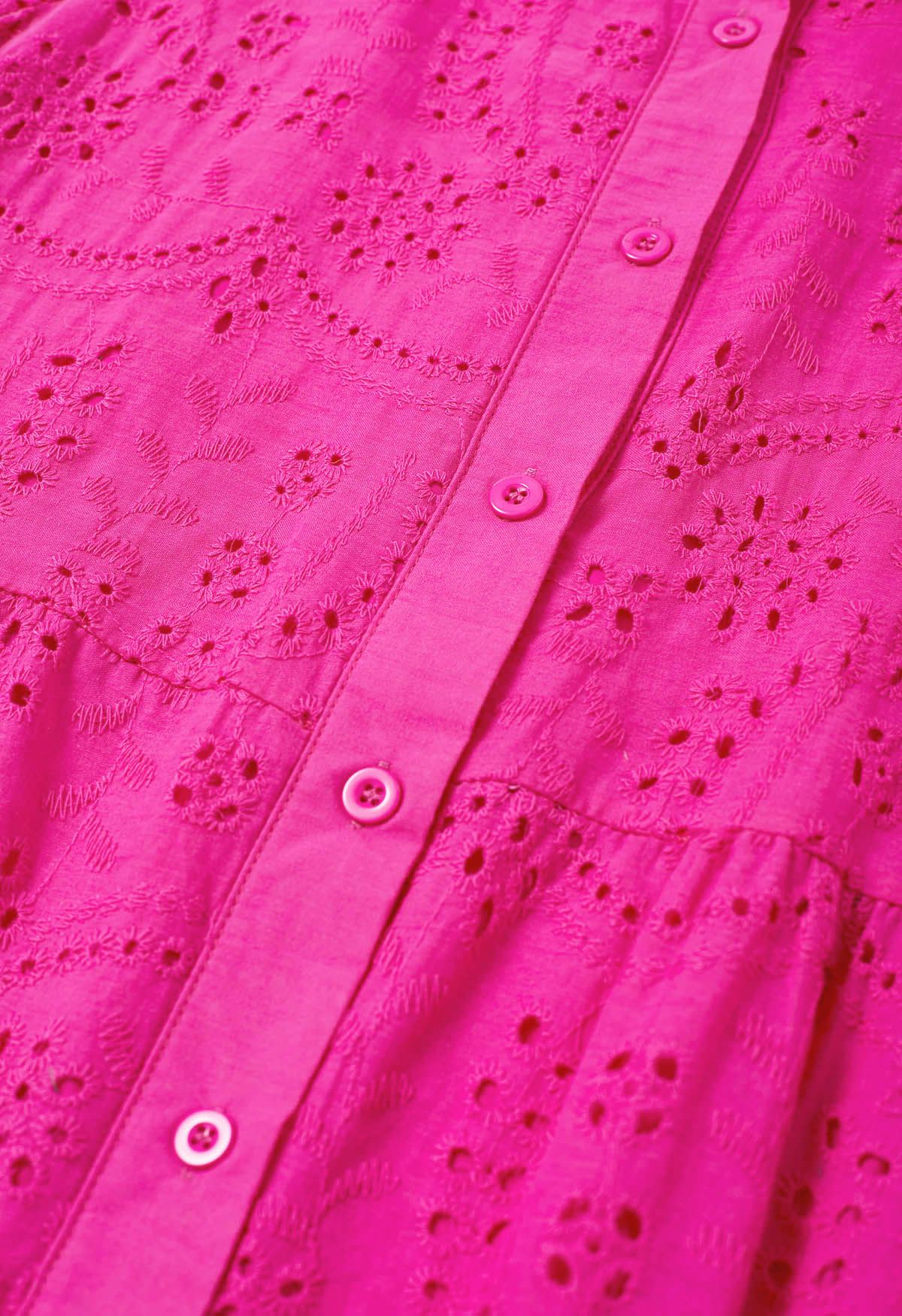 Delicate Eyelet Embroidery Tie-Waist Buttoned Midi Dress in Hot Pink