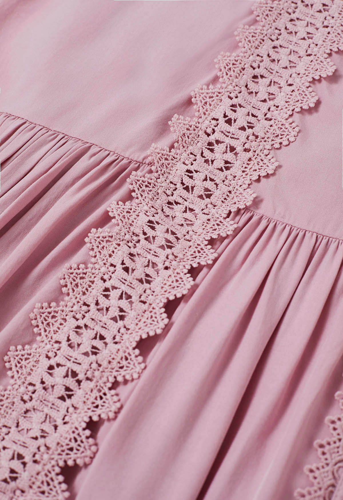 Captivating Lace Tie-Waist Button Down Maxi Dress in Pink