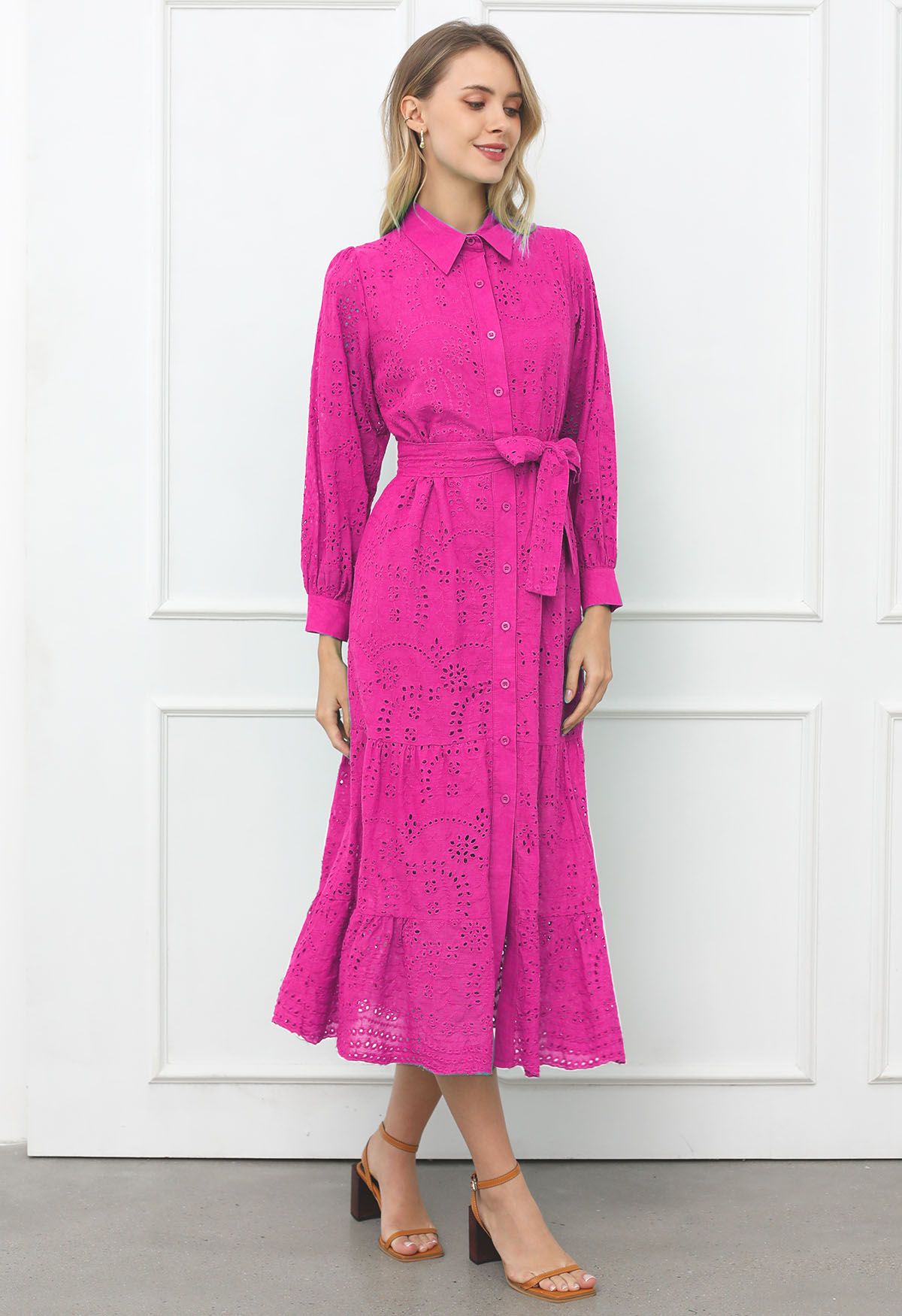 Delicate Eyelet Embroidery Tie-Waist Buttoned Midi Dress in Hot Pink