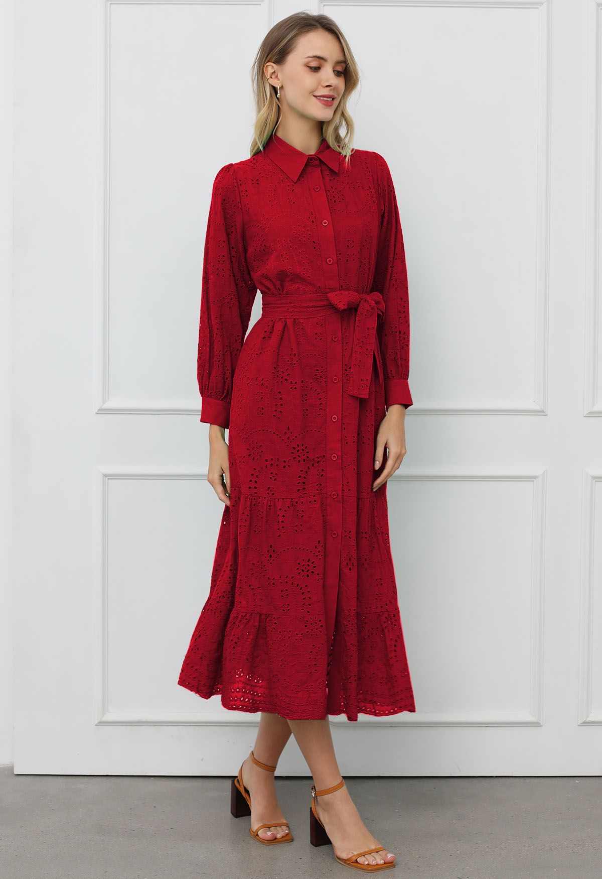 Delicate Eyelet Embroidery Tie-Waist Buttoned Midi Dress in Red