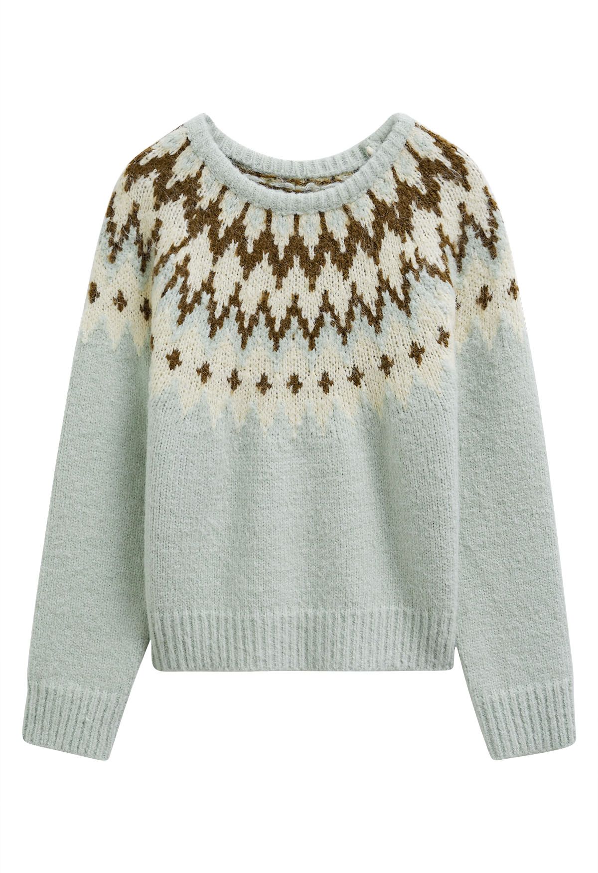 Winter Whimsy Fair Isle Ribbed Knit Sweater in Mint