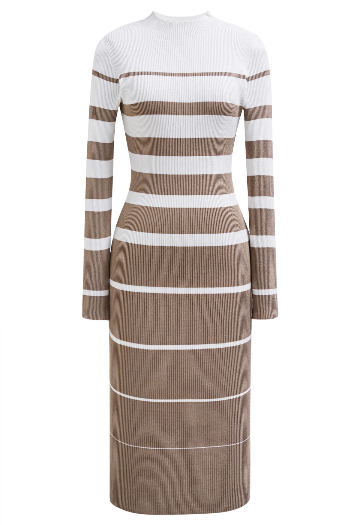 Color Block Stripe Bodycon Knit Midi Dress in Tan