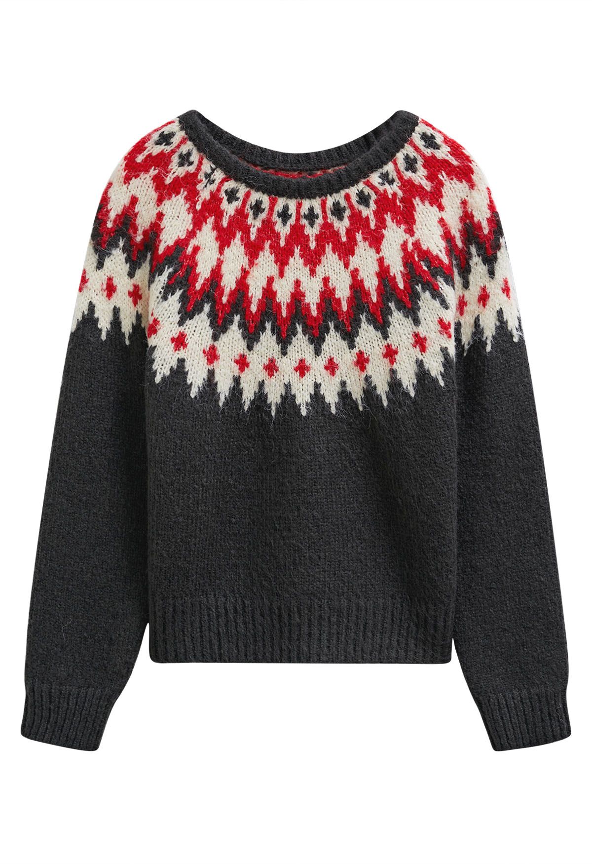 Winter Whimsy Fair Isle Ribbed Knit Sweater in Smoke