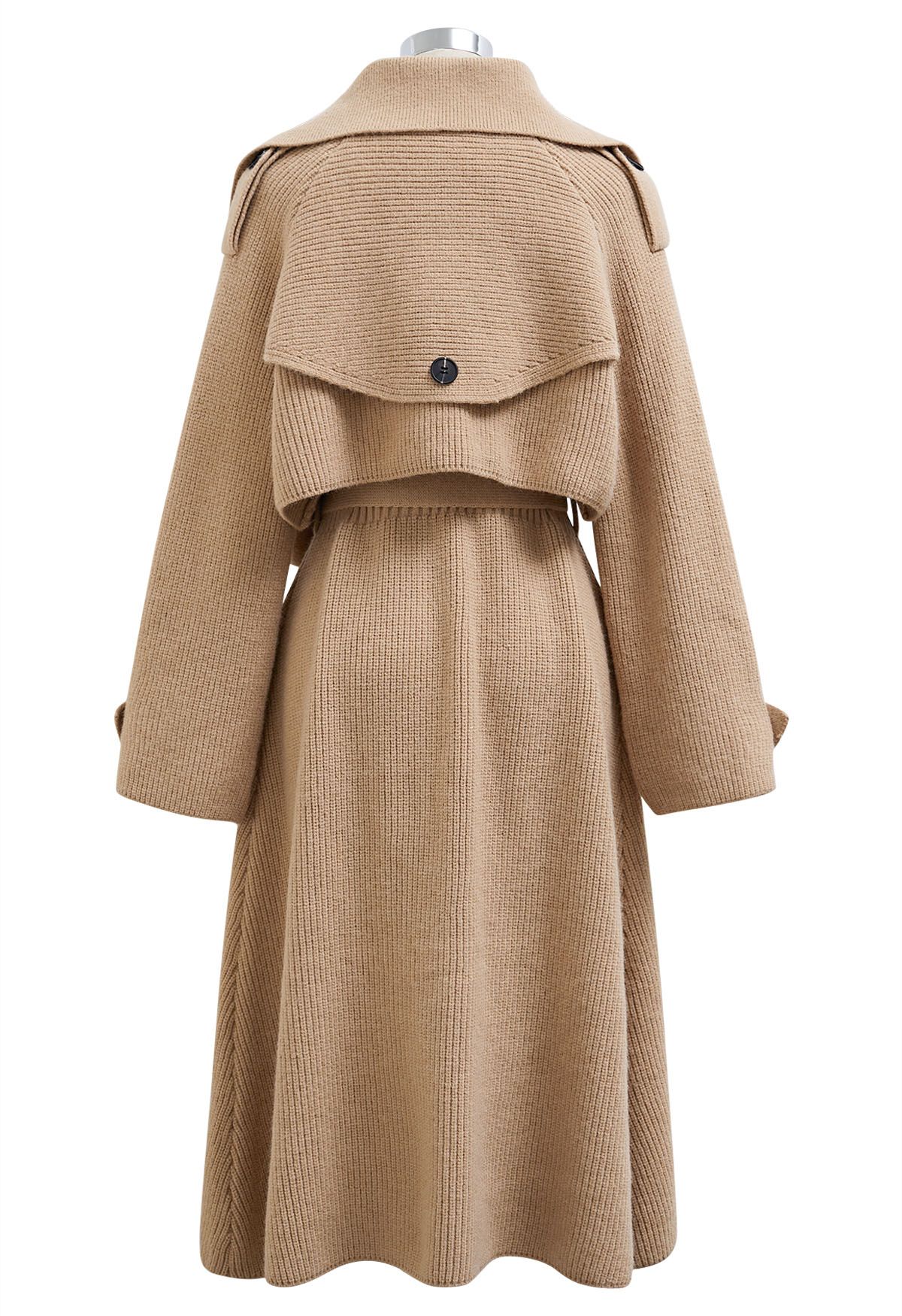 Double-Breasted Sleeveless Knit Dress and Cardigan Set in Tan